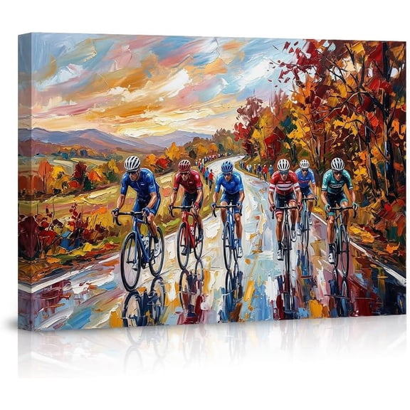 Vibrant Cycling Race Canvas Wall Art Oil Painting Style Impasto Texture Autumn Landscape Road Bike Artwork for Living Room Bedroom Home Decor Gift