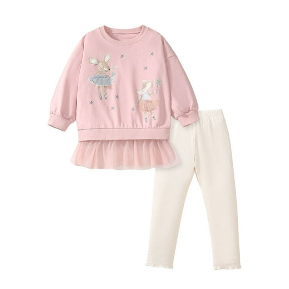 GYRATEDREAM 2Pcs/Set Toddler Baby Girls Outfits Kids Long Sleeve Cute Cartoon T Shirt Tulle Dress   Long Pants Children Cotton Fall Winter Clothes for 2-7 Years Pink