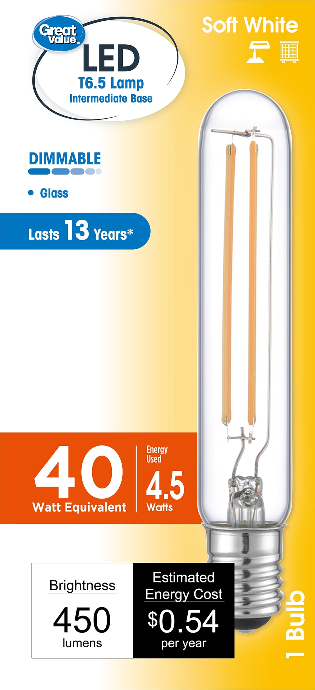 (2 pack) Great Value LED T6.5 Tubular Bulb, 4.5-Watt (40W Equivalent) E17 Base Dimmable Soft White (1 Pack)
