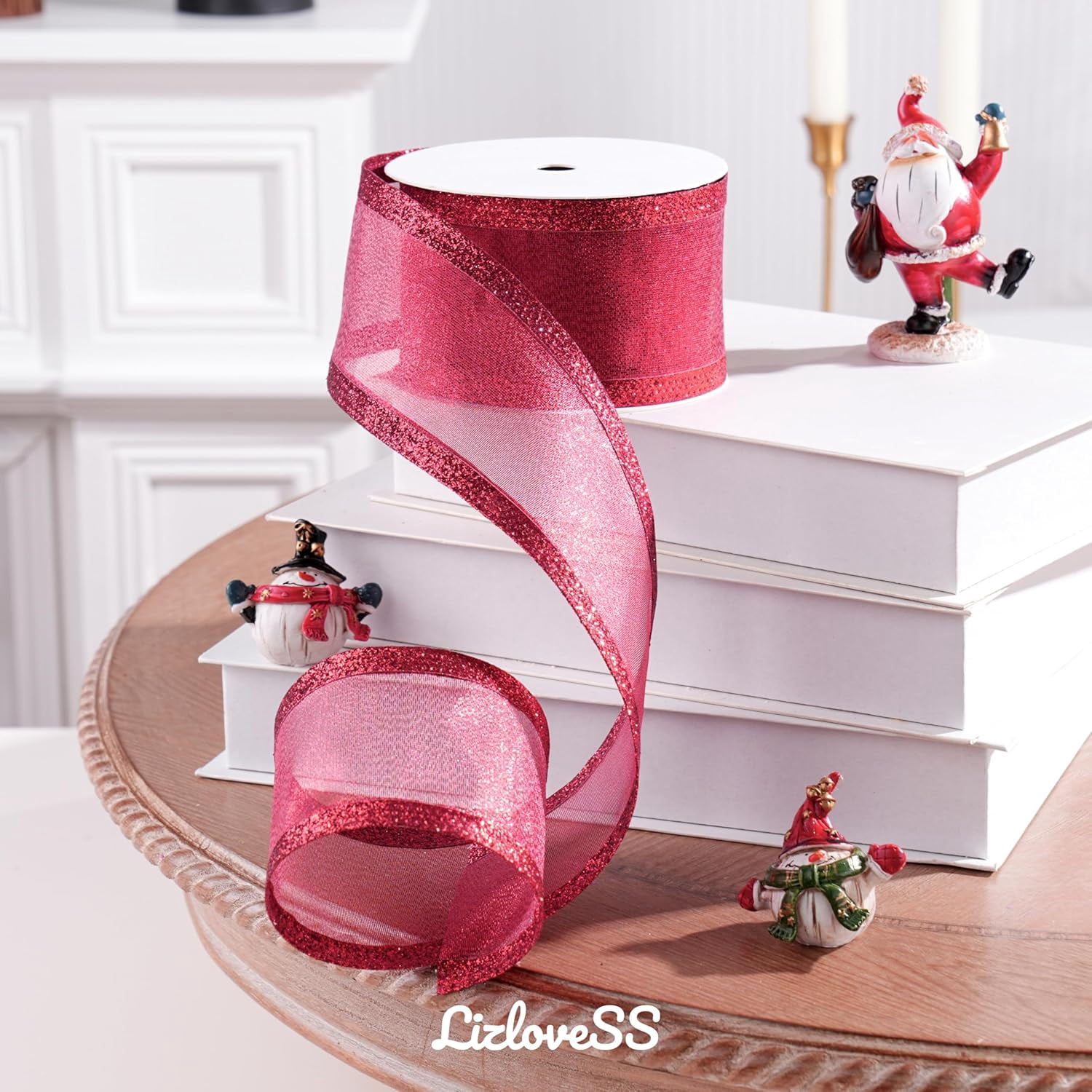 Burgundy Christmas Ribbon Wired 2.5 Inch Metallic Red Wired Ribbon with Glitter Stripe, Maroon Ribbon for Christmas Tree, Wreaths Supplies, Swag, Garland, Holiday Decor - 10 Yards