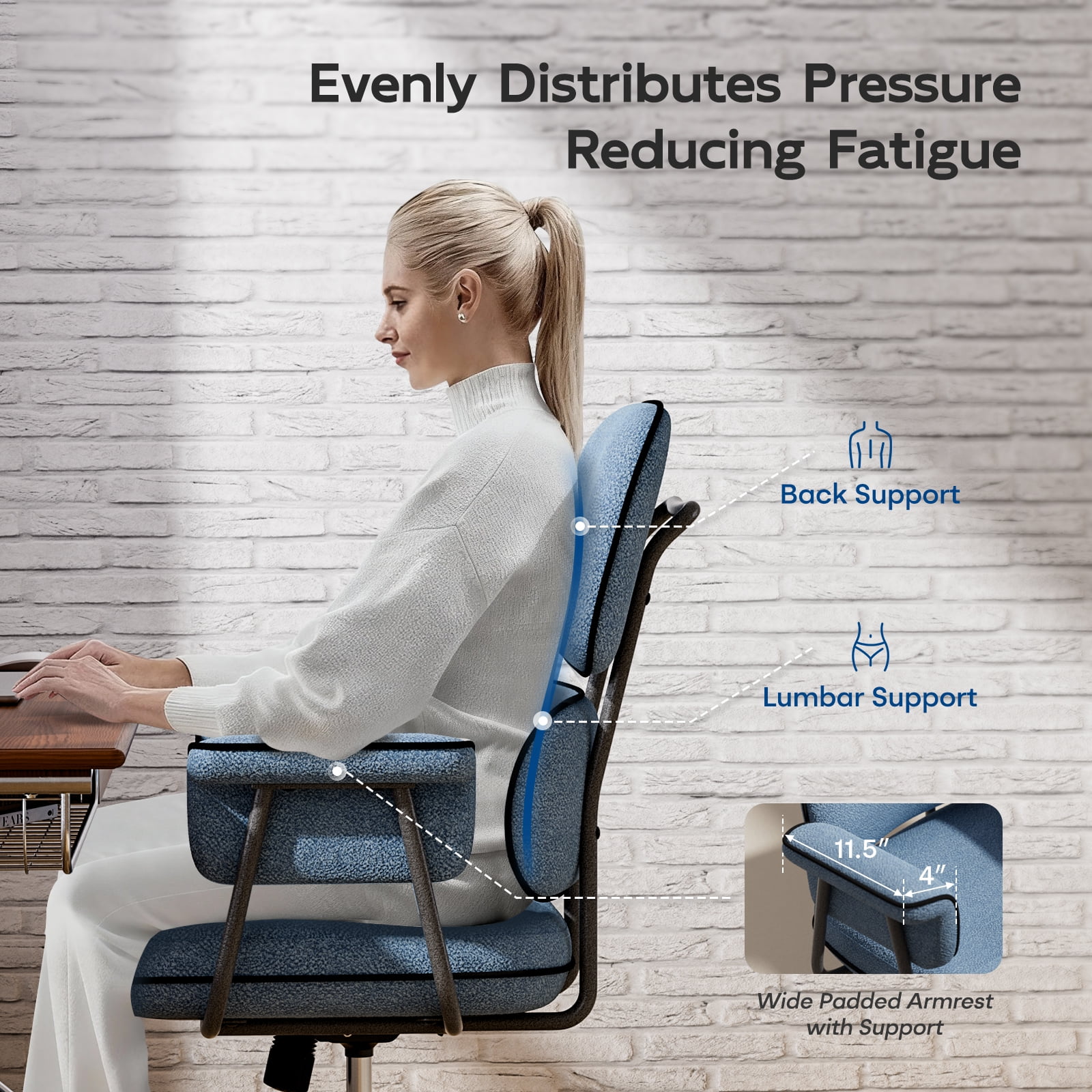 HomeZeer Executive Mid Century Modern Office Chair, Blue Linen Fabric with Memory Foam Wide Seat, Split Back, Padded Arms & Adjustable Height, Vintage Desk Chair for Home Office, Wheels Included
