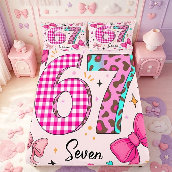 Manfei Cartoon Cute Bowknot Fitted Sheet Full,Pink Leopard Print Bed Set,3 Pieces,1 Fitted Sheet and 2 Pillowcases