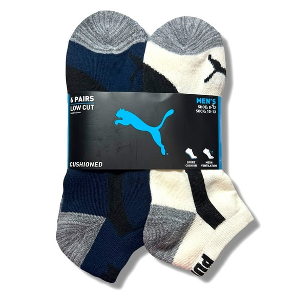 PUMA SOCKS MEN'S - LOW CUT - PIPE 243 - NAVY CREAM - LARGE (10-13) PACK 6 XX