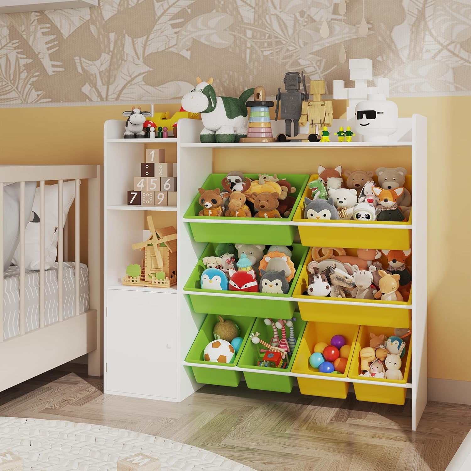 OUTGOODS 43.5" Kids Toy Storage Organizer w/8 Removable Bins & Bookshelf, Engineered Wood