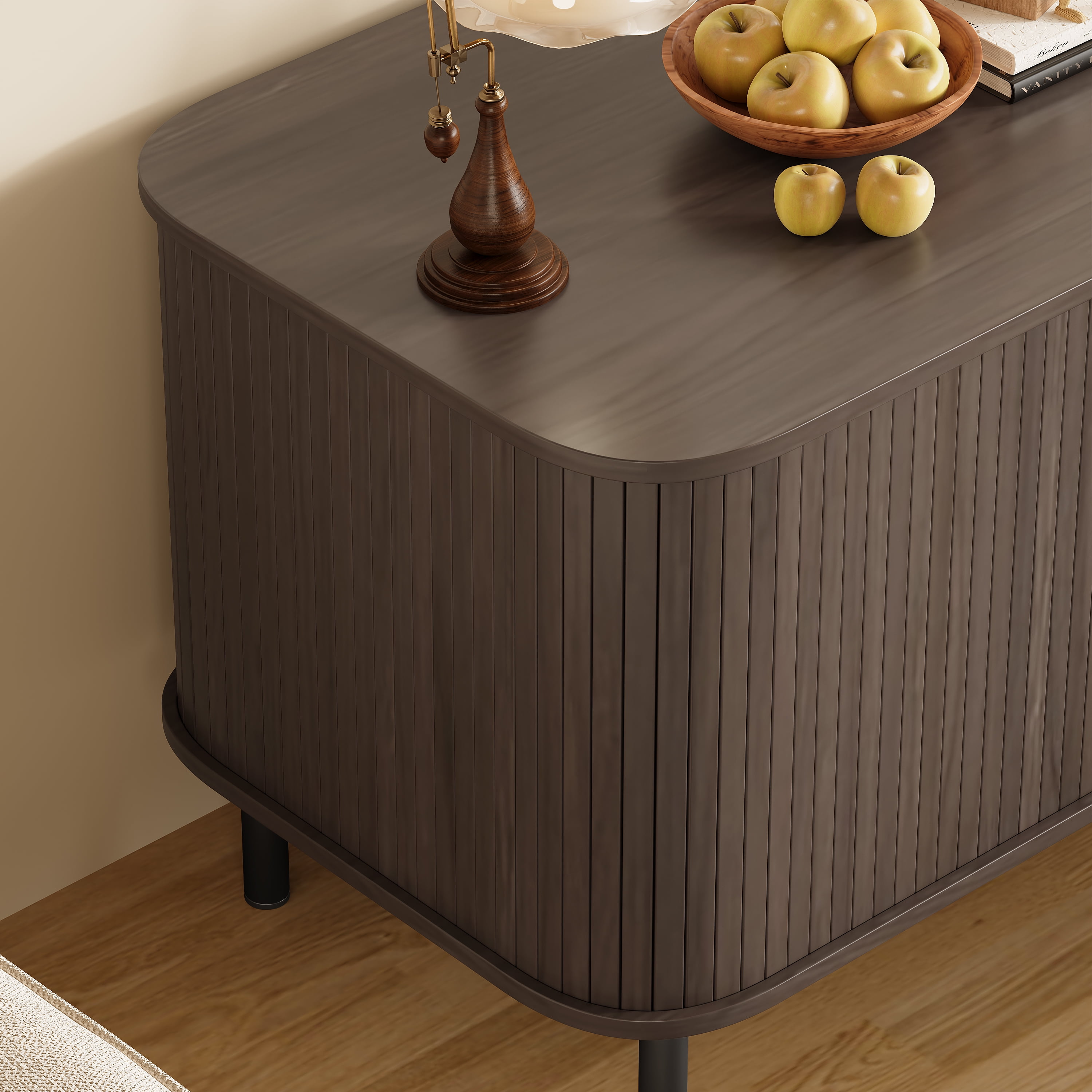 Aukfa Modern Hidden Litter Box Furniture with Charging Station,Tambour Sliding Door Cat Cabinet,Brown