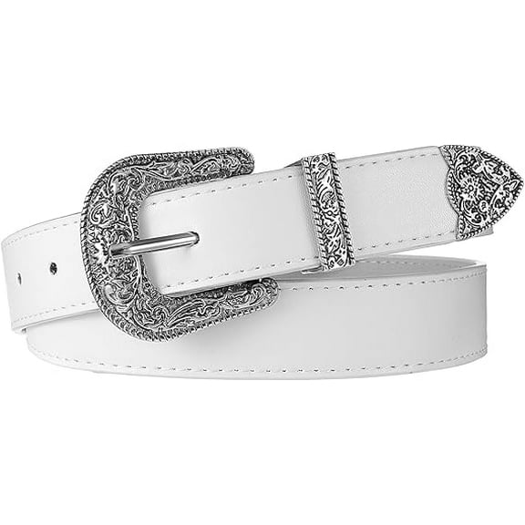 Vintage Western Cowgirl White Belt with Carved Buckle and Pinhole Design for Skirt Accessory, Versatile Country Decor
