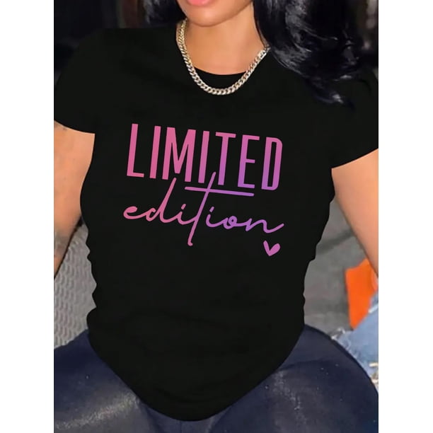 Camiseta gráfica rosa degradado "Edición Limitada" para mujer: cuello redondo, manga corta, cómoda camiseta de algodón para verano.