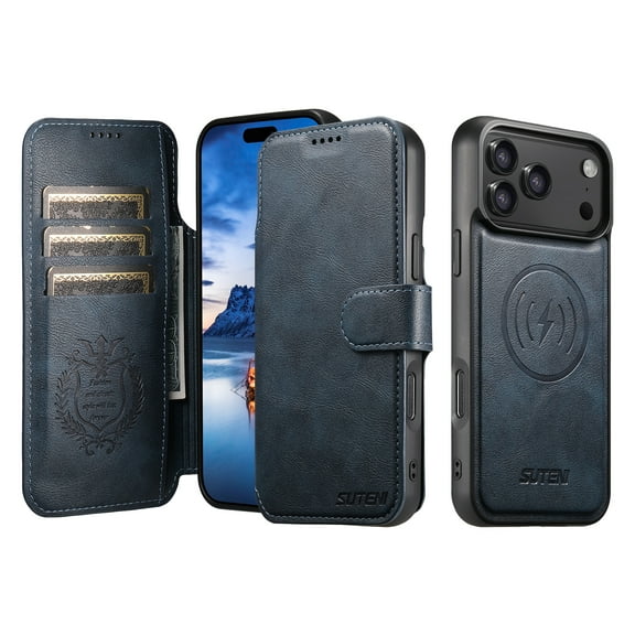 for iPhone 17 Pro Max Detachable Wallet Case with Flip Card Pocket, 2-in-1 Magnetic Wallet Phone Case with Card Holder, Flip Stand, Support Magnetic Car Mount & Wireless Charging, Blue