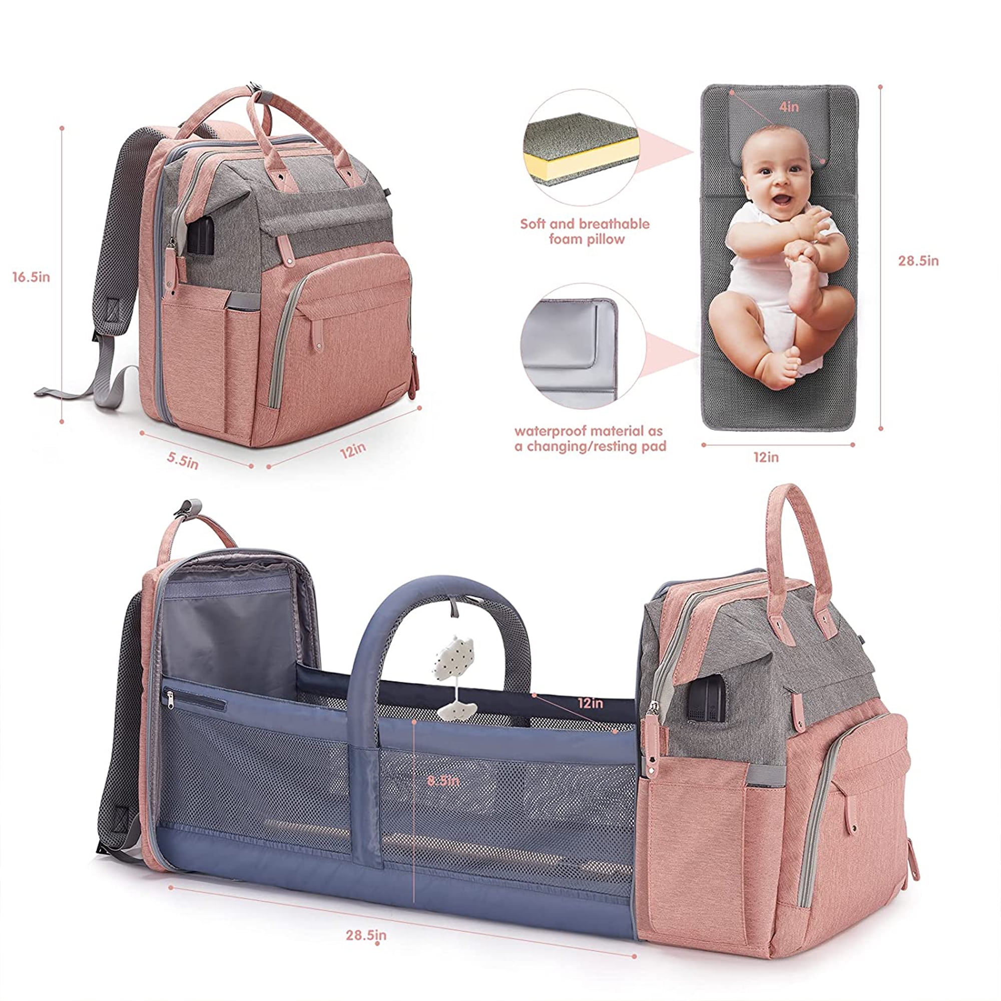 SNDMOR Baby Changing Bag Backpack, Baby Diaper Bag with Changing