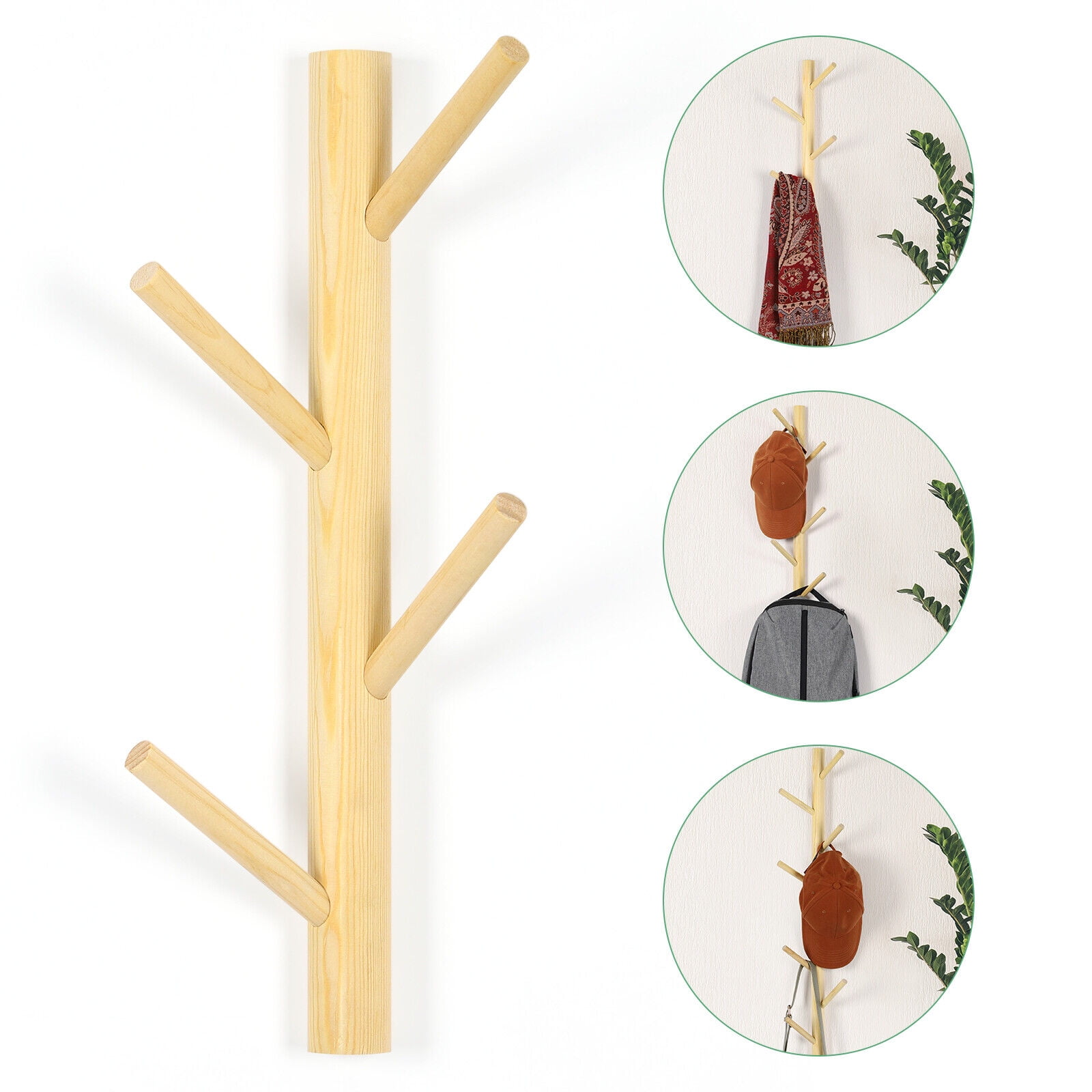 4 Hooks Wooden Coat Hat Bag Rack WallMounted Tree Branch Coat Rack