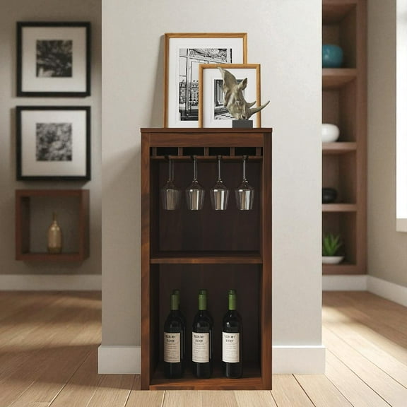 GZXS Modern Farmhouse Modular Wine Cabinet with Bottom Open Shelf and Stemware Holder, Multi-Functional Storage Cabinet for Living/Dining Room, Walnut
