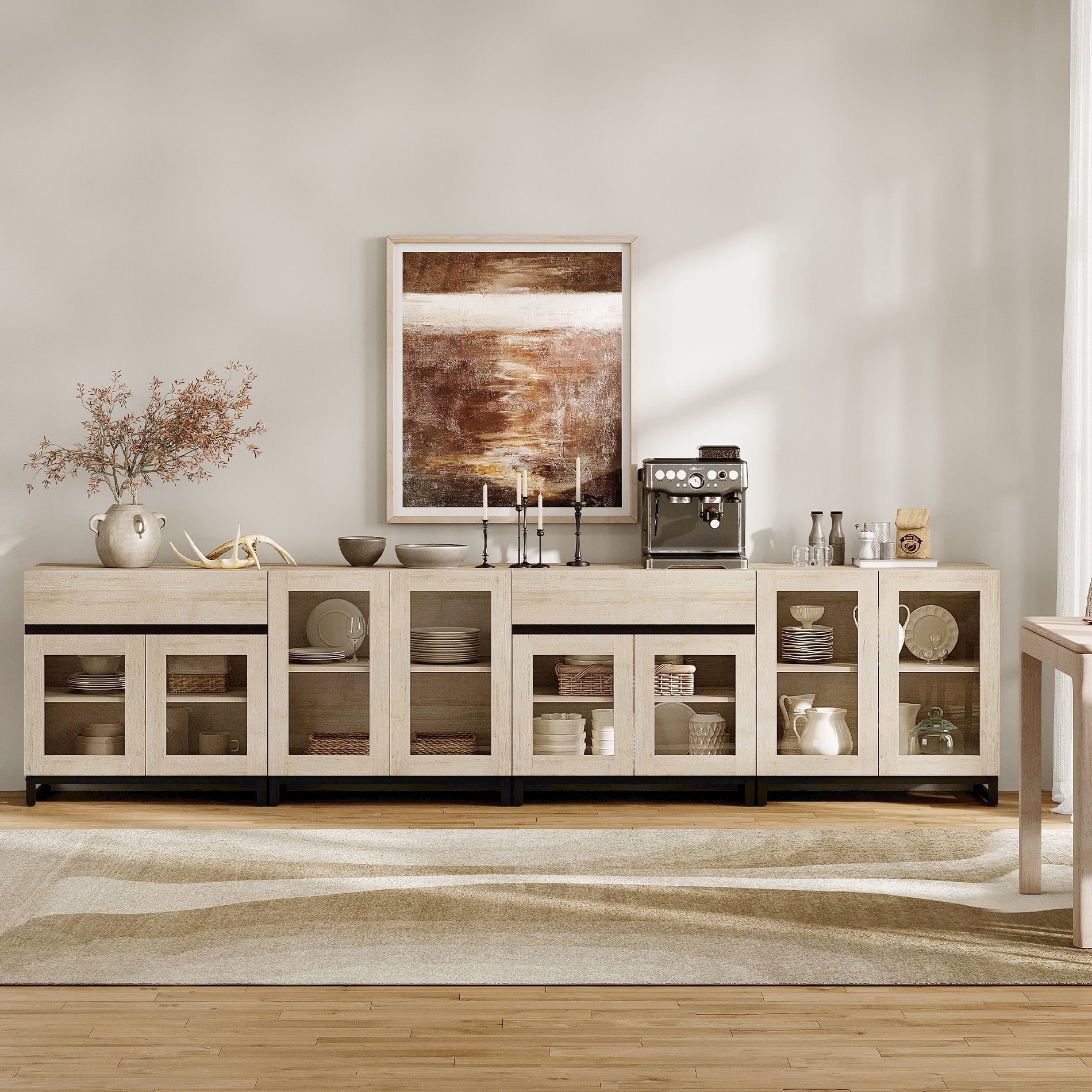 4 In 1 Multifunctional Sideboard Buffet Cabinets With Glass Doors And 2 Drawers, Modern Sideboard Credenza With Adjustable Shelf And Metal Base for Living Room, Kitchen,Beige
