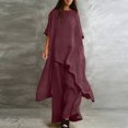 thumbnail image 4 of Stichou Women's 2 Piece Linen Set Solid Color Long Sleeve Irregular Hem Top and Wide Leg Swing Pants Trousers Suits Wine L, 4 of 5