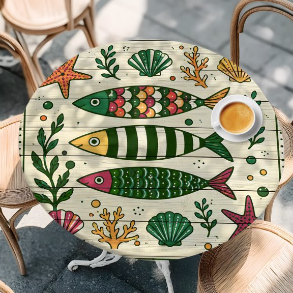 Coastal Nautical Colorful Fish Round Fitted Tablecloth with Elastic Edge,Waterproof Table Cloth Fits 55"-60" Tables,Wipeable Washable Table Cover for Indoor Outdoor Dinning Party,Vintage Folk Art