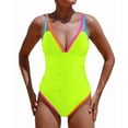 thumbnail image 3 of Women'S One Piece 2025 Tummy Control Swimsuits Neon Color Block Swimwear Deep V Neck Slimming Bathing Suit Lemon Yellow L, 3 of 8