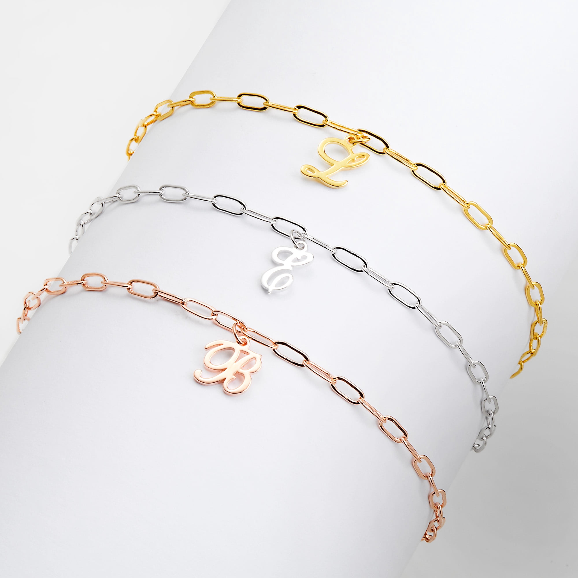 Personalized Planet Women's Script Initial Charm Paperclip Chain Bracelet