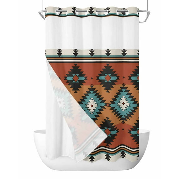 No Hook Cloth Fabric Shower Curtain with Snap in Liner, Vintage Aztec Waterproof Shower Curtains Set with See Through Top Window, Southwest Tribe Bohemian Abstract Bath Curtains Shower 54"x78"