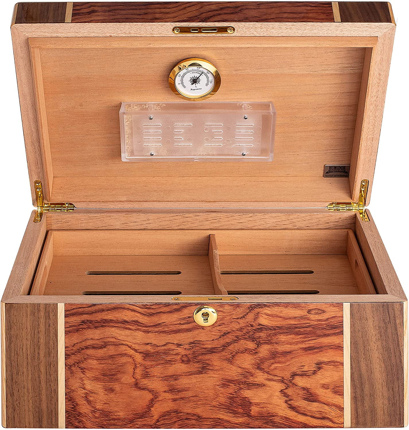 Humidor Supreme Amarone Desktop Cigar Humidor, High-Gloss Walnut, Mapa Burl Bubinga Wood