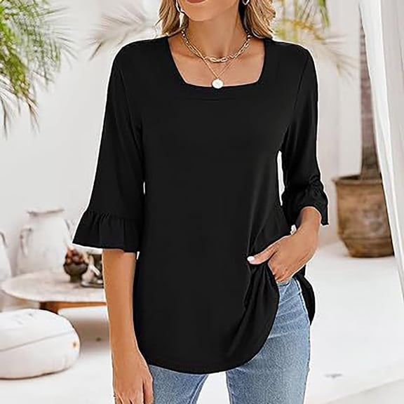 XMHJSMD Womens Tops Women's Casual 3/4 Sleeve Tops Summer Square Neck T Shirts Ruffle Loose Fit Tunic Blouses(Black,Xxl)
