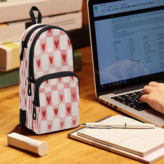Backpack Pencil Case, 3 Compartment Large Capacity Oxford Fabric Pencil Pouch / Love in Every Square