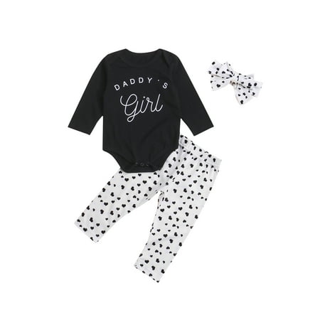 

TheFound Infant Baby Girls Clothes 3pcs Letter Long Sleeve Romper Heart Printed Pants Headband Sets