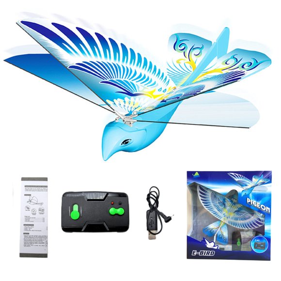 Jouet Oiseau à Ailes Battantes Télécommandé Bleu 2,4 g avec Lumières DEL - Portée de 50 m, Conception Légère de 14 g, Pile au Lithium Intégrée, Recharge de 15-20 Min, 4 Piles AA Incluses - Omnidirectionnel à 360°