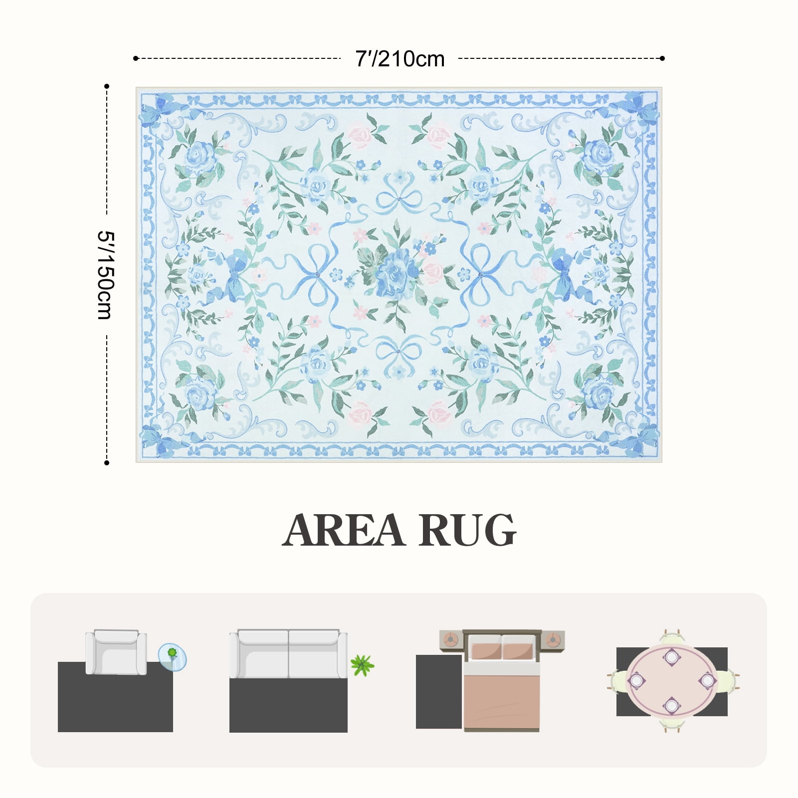 Lahome Washable 5'x7' Floral Bow Area Rug, Blue Rugs for Living Room, Soft Ultra-Thin Non-Slip Carpet for Girls Bedroom Nursery Dorm Kids Room Playroom, Blue