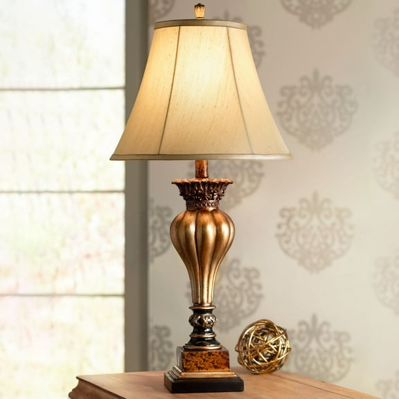 Regency Hill Senardo Traditional Table Lamp 30" Tall Gold Vase Silhouette with Fluting and Floral Tan Bell Shade for Bedroom Living Room Bedside Home