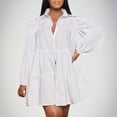 thumbnail image 2 of SMihono Fashion Women's 2025 Spring Cute Babydoll Ruffle Hem Puff Sleeve Dress Loose Plus Size Shirt Dresses Buttons Lapel Pleated Dress White 10, 2 of 6