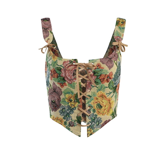 D&J Fashion Haut Court Sans Manches à Lacets Brodé Imprimé Vintage pour Femmes