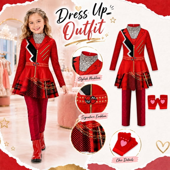 Halloween Costume Heart Rock Princess Cosplay Jumpsuit for G'irls, Movie-Inspired Villain Daughter One-Piece with Studded Belt and Gloves for Themed Party Carnival