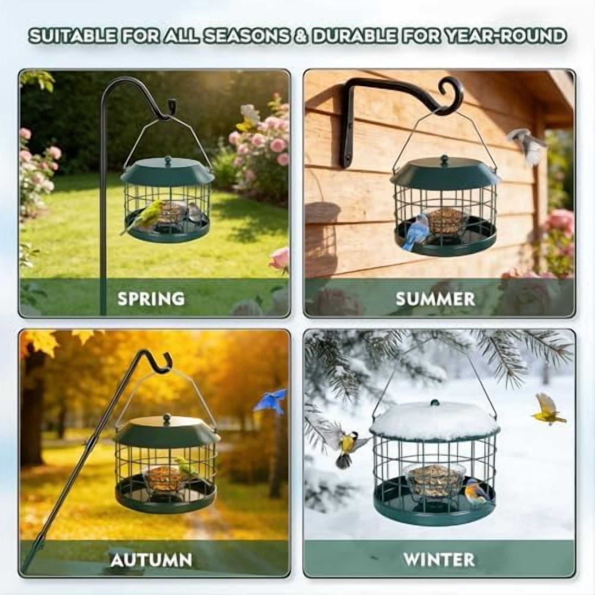 Caged Bluebird Feeder for Mealworms with Glass Bowl, Squirrel Proof Bird Feeder for Small Birds Only, Detachable Hook, Large Space, Outdoors Weatherproof, Metal, Green