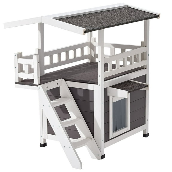 KFFKFF 2-Story Wooden Cat House with Stairs & Balcony, Elevated Shelter for Feral and Domestic Cats, Weather-Resistant Design, Spacious Interior, Suitable for Indoor and Outdoor Use, 30 x 22 x 30 in