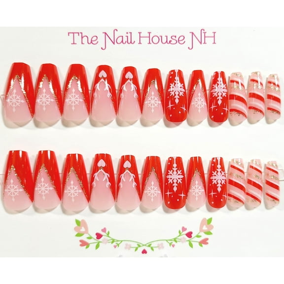 Candy Cane Wishes French Manicure Medium Coffin Press On Nails - 24 Pieces - Artificial Nails - Christmas Nails
