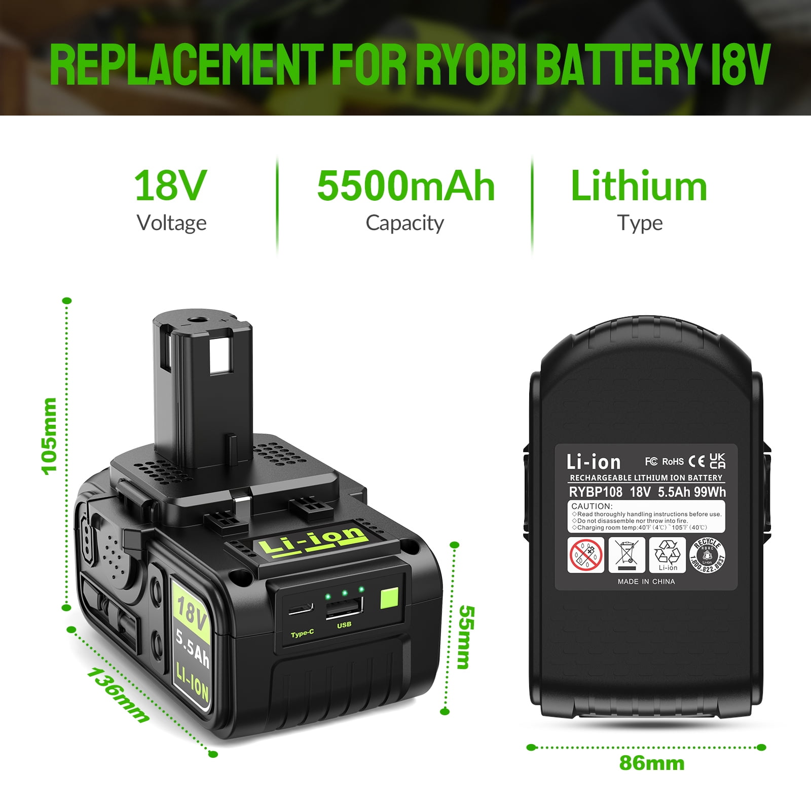 ABEDEN 18v 5.5A Battery Replacement for Ryobi 18v Battery 1 pack compatible with Ryobi 18v charger and tools