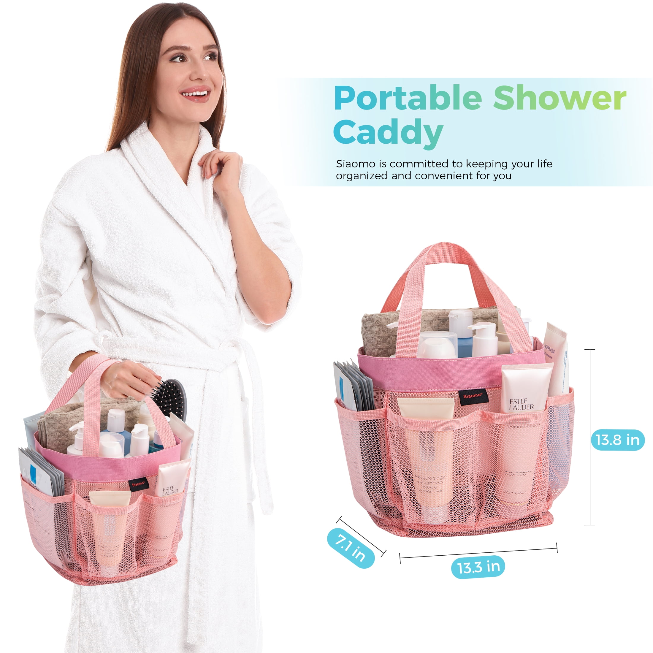 Siaomo Mesh Shower Caddy,Tote Bag for College Dorm,Bathroom,8 Pocket Basket,Quick Dry - Pink