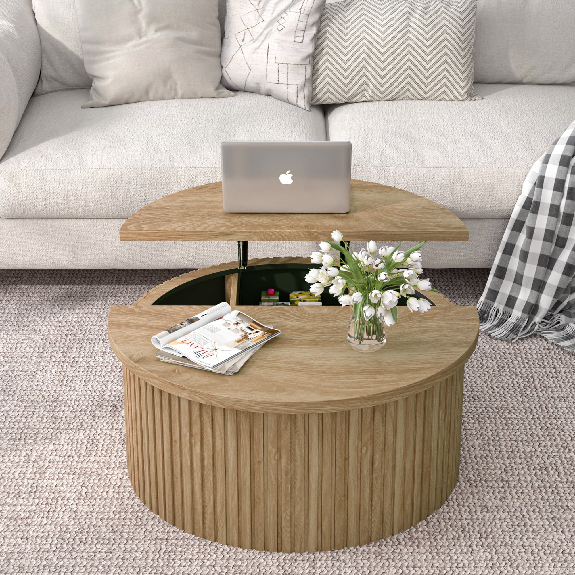 Round Lift Top Coffee Table with Storage Farmhouse Center Table with Hidden Compartment Circle Sofa Table for Living Room Wood