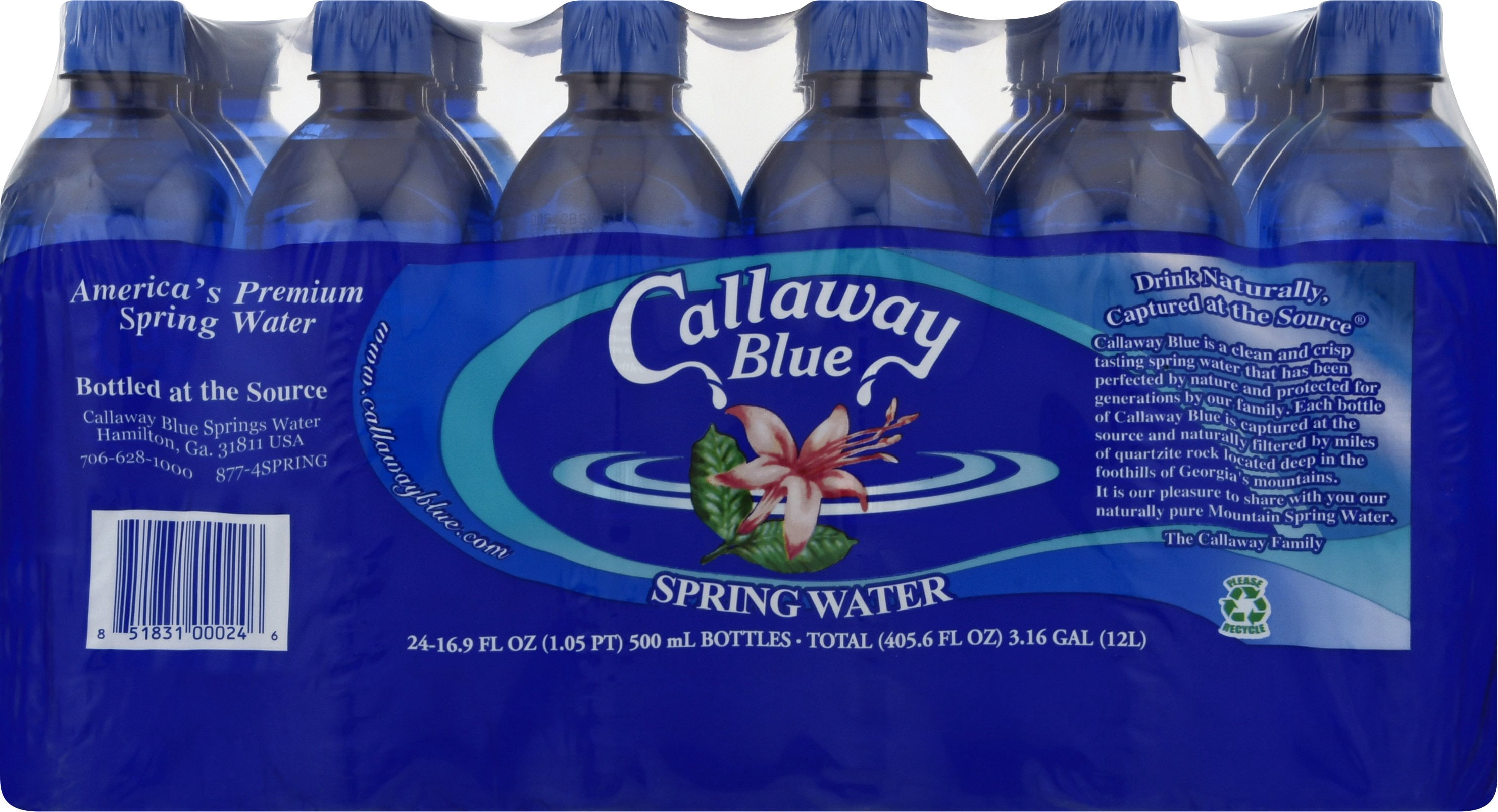 CALLAWAY BLUE Spring Water, 0.5 Liter (Pack of 24)