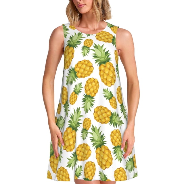 Vsdgher Robes d'Été Imprimé Ananas pour Femmes Robe de Plage Décontractée Col en U Sans Manches Robe d'Été Ample avec Poche