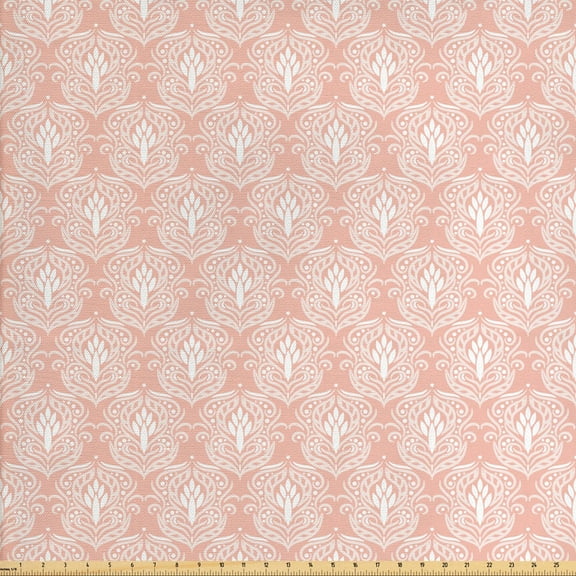 Ambesonne Vintage Fabric by the Yard Upholstery, Ornate Patterns with Swirls, 2 Yards, Blush and White