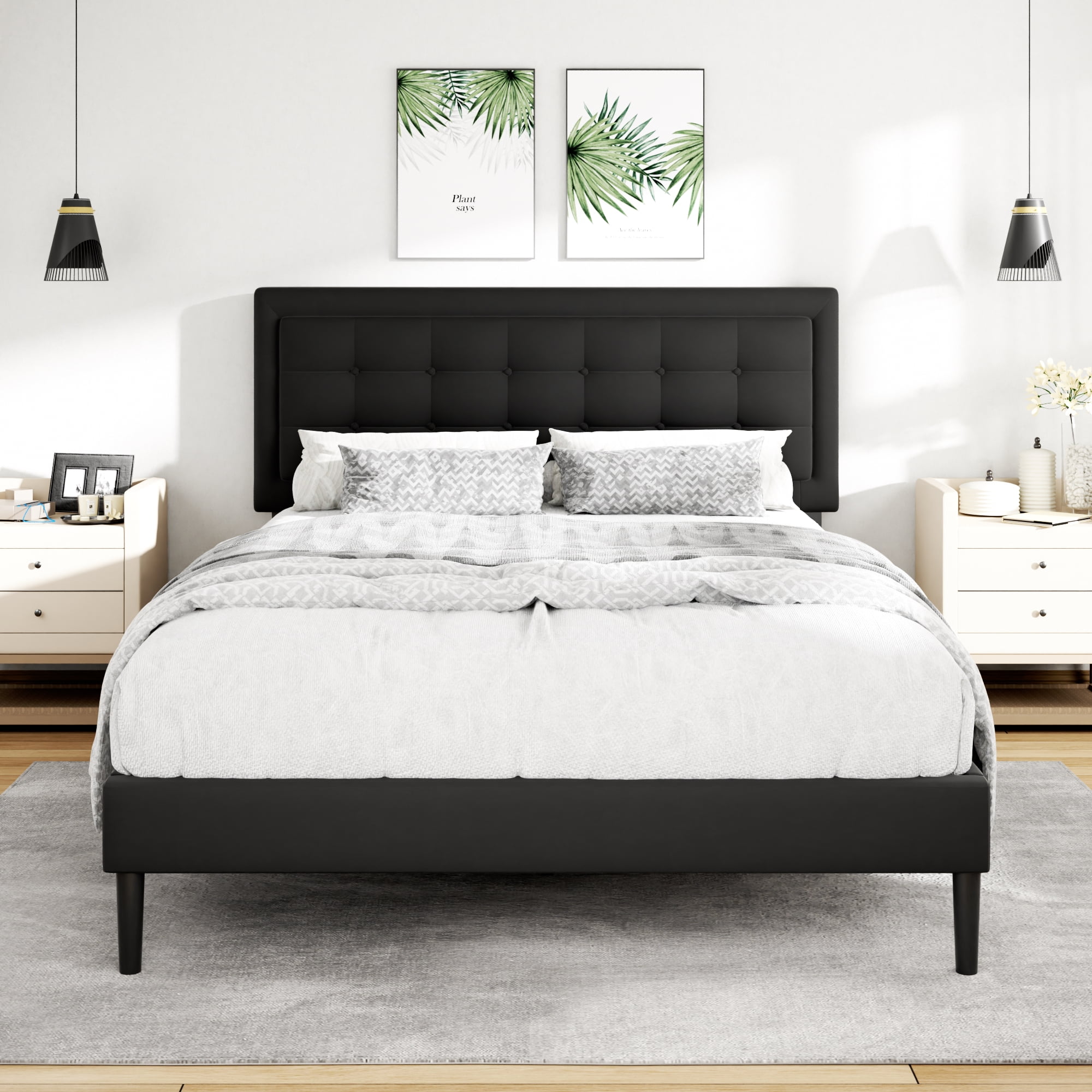 Unizone Full Size Bed Frame with Velvet Upholstered Headboard, Button Tufted Design,Wood Slats Support, No Box Spring Needed, Noise Free, Easy Assembly, Black