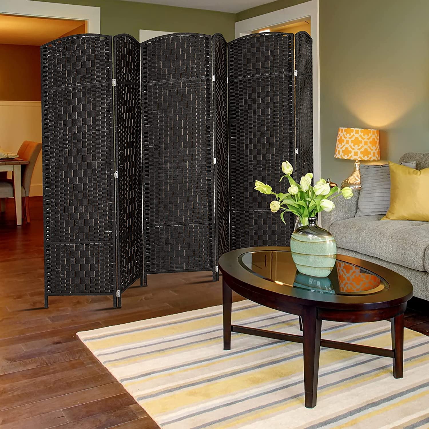 WBTER 6-Panels Tall Rattan Room Divider, 6 FT Folding Privacy Screen, Indoor Partition Wall Dividers, Freestanding Hinged Space Separator (Black)