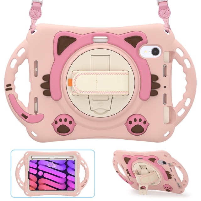 Kids Case for iPad Mini 6, Cute Cat Design Heavy Duty Rugged Case with Kickstand Handstrap Shoulder Strap Pencil Holder Shockproof Case For iPad mini (6th Generation),Purple