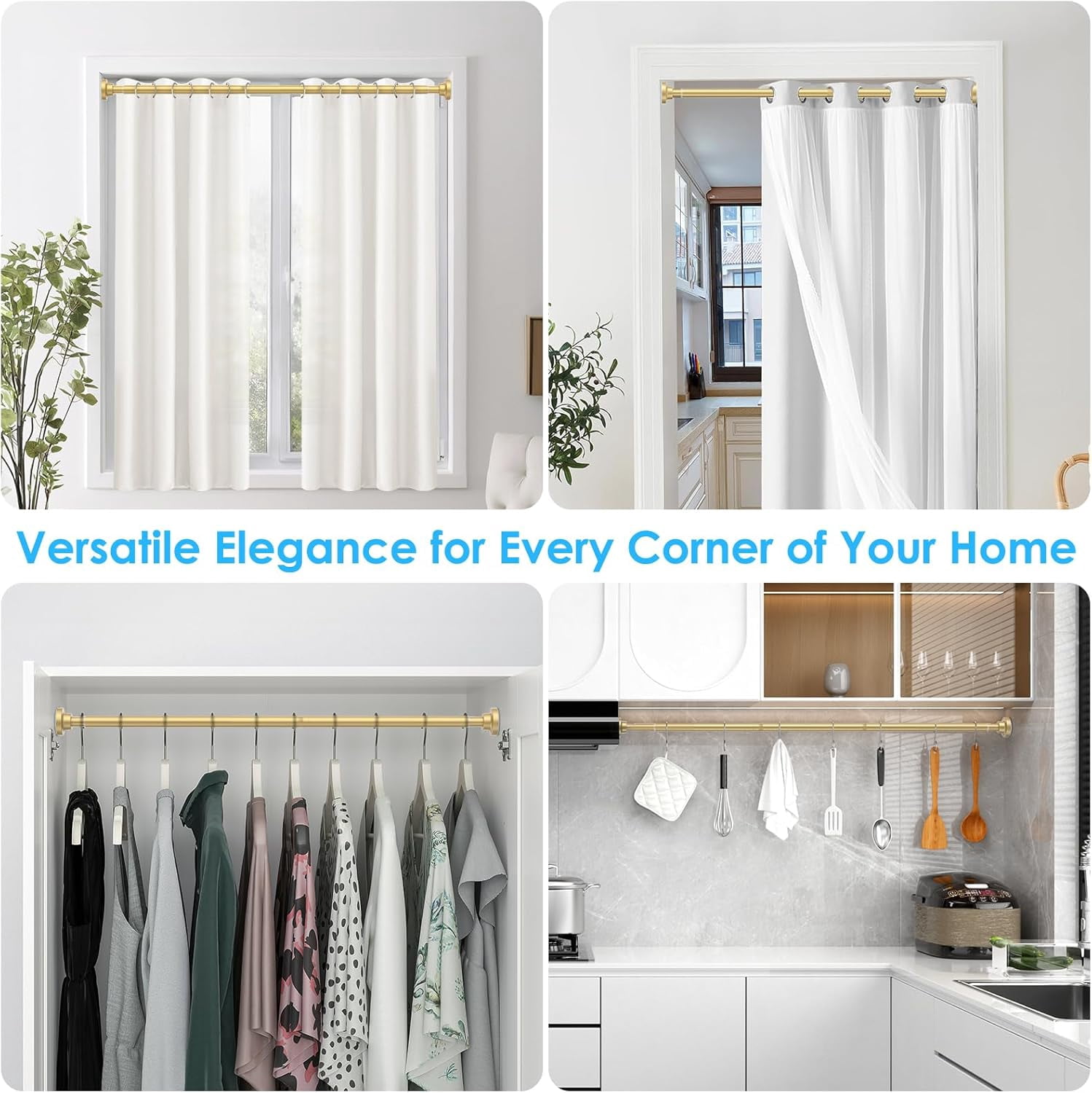 Tension Curtain Rod 28 to 48 Inch, 1pcs Tension Rod 1 Inch Diameter Gold Small Shower Curtain Rod Adjustable Non-Drilling, Anti-Slip, Anti-Rust Spring Loaded Curtain Rods