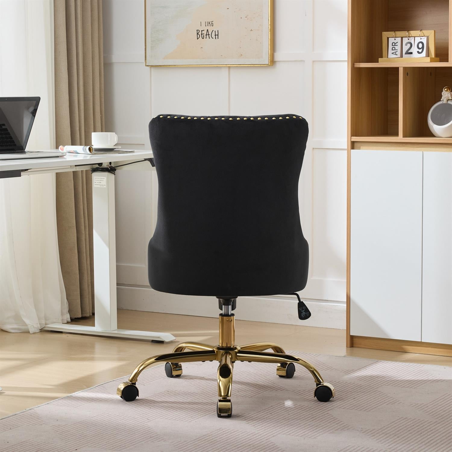 Demi Bonn 38" Tufted Button Velvet Upholstered Desk Chair with Adjustable Swivel, Metal Base for Home Office, Study, Black