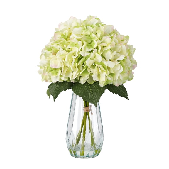 Artificial Hydrangea Flowers Silk Bouquet Real Touch with Clear Glass Vase and Faux Water for Wedding Centerpiece Home Table Office Party Decor, Light green