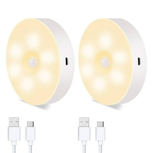 Luz de noche LED con detector de movimiento | Lámpara de noche recargable por USB con imán para dormitorio, escalera, garaje, armario | Blanco cálido | 2 piezas