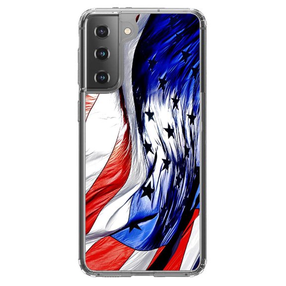 DistinctInk Clear Shockproof Hybrid Case for Galaxy S21  PLUS 5G (6.7" Screen) - TPU Bumper, Acrylic Back, Tempered Glass Screen Protector - Red White Blue United States Flag Waving - US of A