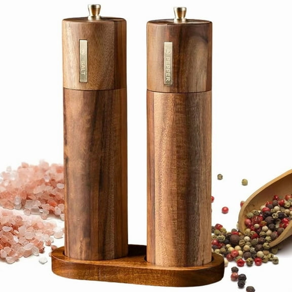 Acacia Wooden Salt and Pepper Grinder Set 8 Inches Refillable Salt and Pepper Mills with Adjustable Coarseness, Acacia Wood with Ceramic Core Peppercorn Shaker Kit with Tray Birthday Gifts (2 Pack A)
