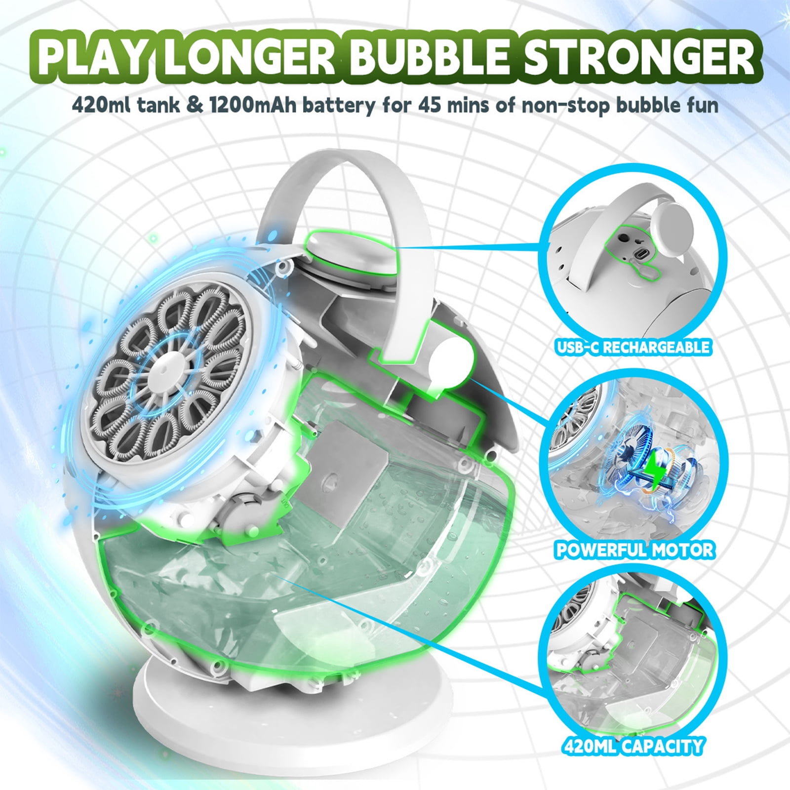 2-in-1 Galaxy Projector Bubble Machine with Remote Control 360 Degree Rotation 7 Colors USB-C Rechargeable for Party Home Decor Outdoor Gathering Stress Relief
